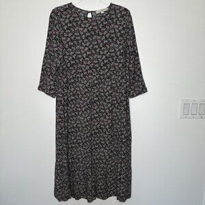 Loft Midi‎ Dress Shift Floral Black Tiered Boho Medium Petite